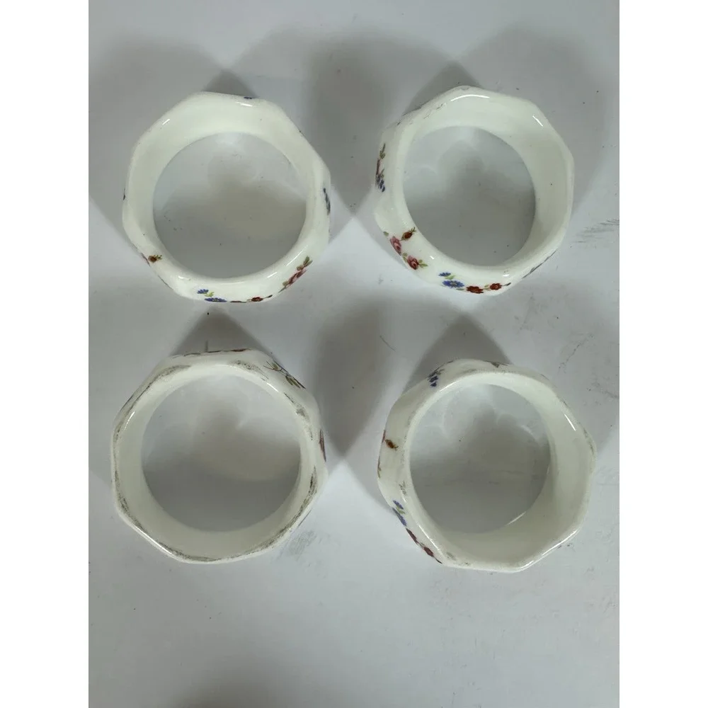 Porcelain Floral Chintz Napkin Rings Octagonal White Rosey Red Blue Set Of 4 Vtg